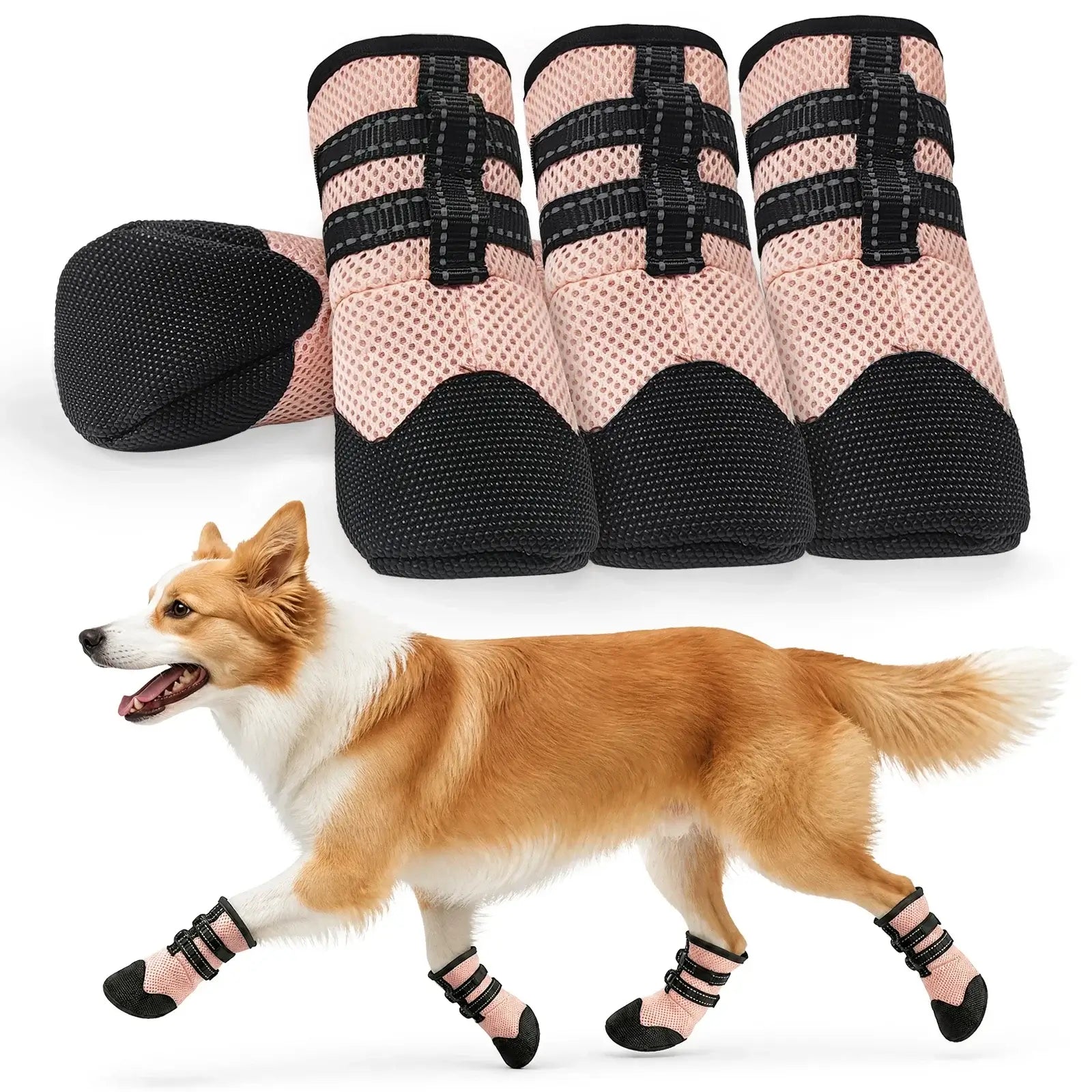 Pink breathable anti-slip dog boots, 4PCS PU cotton shoes with PVC sole for hot pavement, outdoor walking, dirt and insect protection