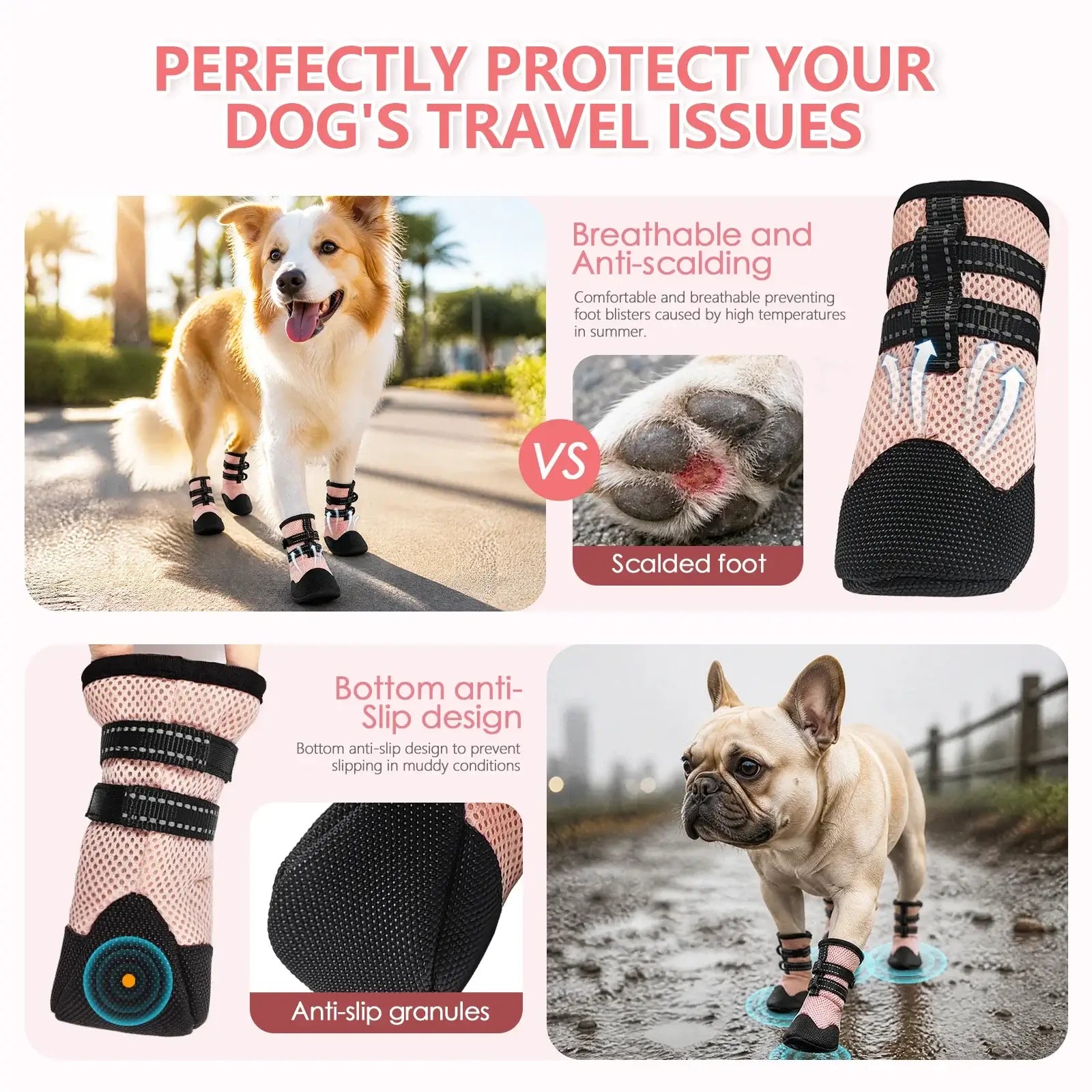 breathable anti-slip dog boots for paw protection, hot pavement walking, dirt and insect shield