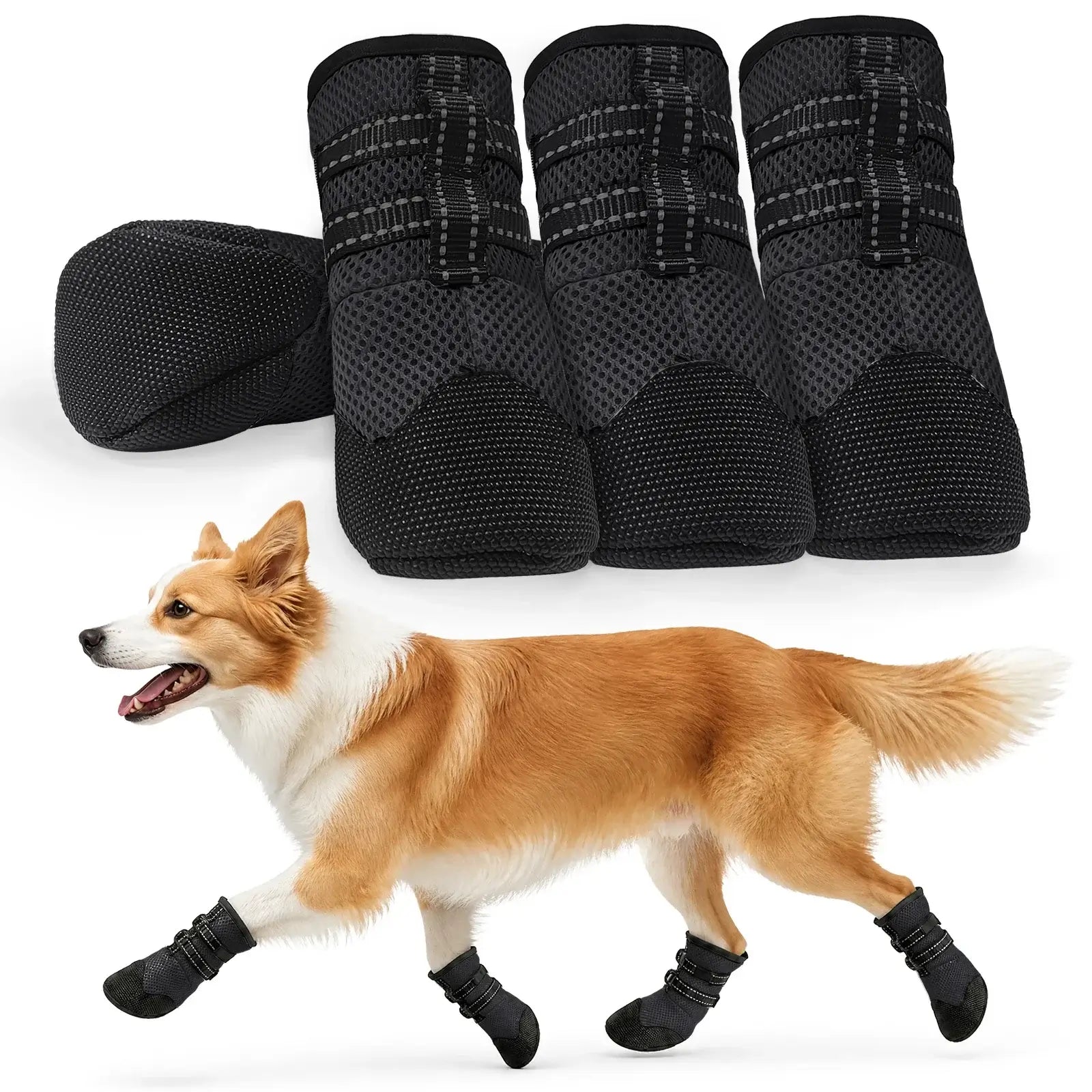 Gray breathable anti-slip dog boots, 4PCS PU and cotton paw protection shoes with PVC outsole for hot pavement and outdoor walking