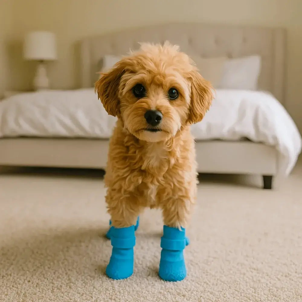 Small dog wearing waterproof dog boots in blue, standing indoors on carpet in a bedroom, showcasing non-slip pet footwear