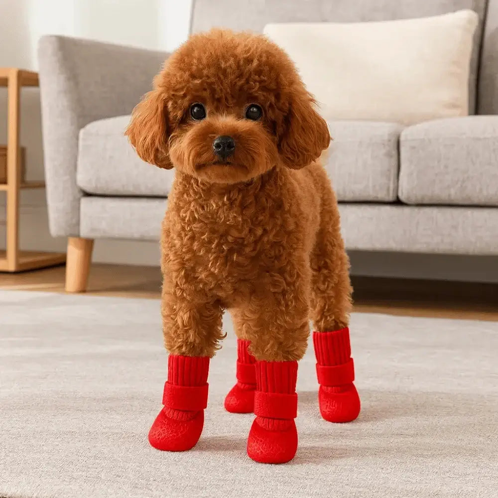 Cute small dog wearing waterproof dog boots indoors for non-slip, comfortable, wear-resistant paw protection in winter