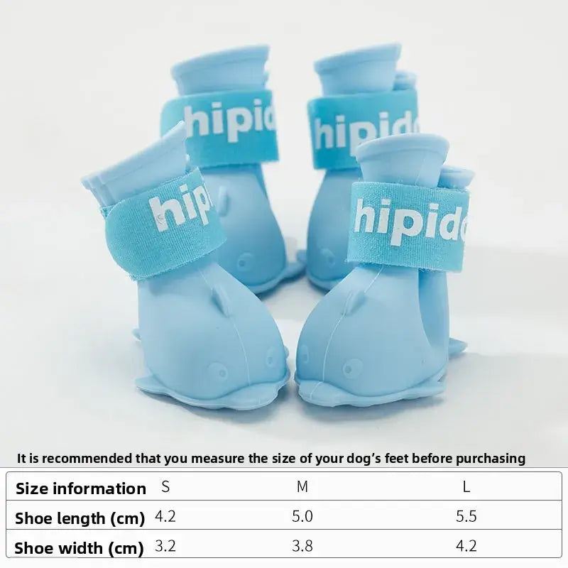 4Pcs waterproof dog boots in blue for small to large dogs with size information table.