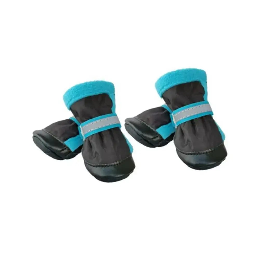Winter dog boots for small dogs in blue and black, waterproof and reflective, ideal for cold weather protection.