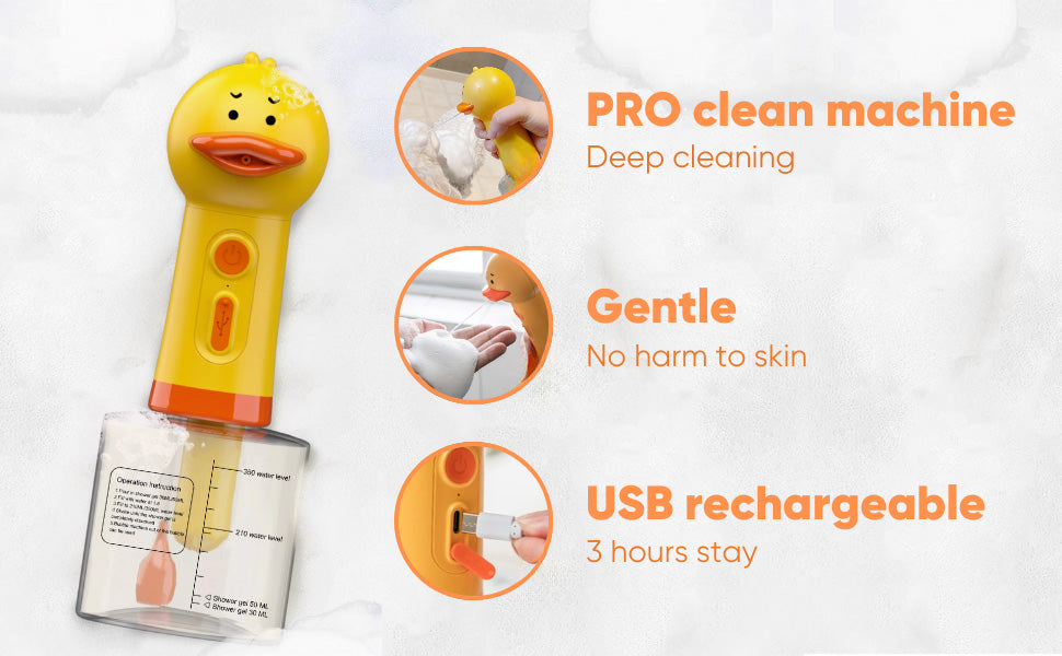 dog shampoo sprayer electric duck design, USB rechargeable foaming shampoo dispenser for gentle pet cleaning