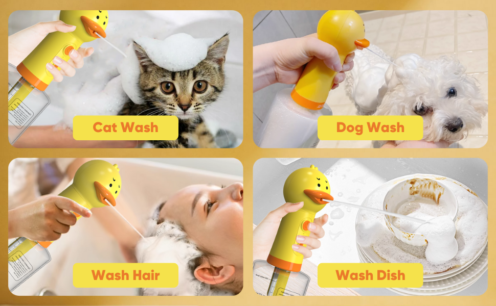 dog shampoo sprayer for pet bathing, foaming soap dispenser with duck design for cat, dog, hair and dish washing