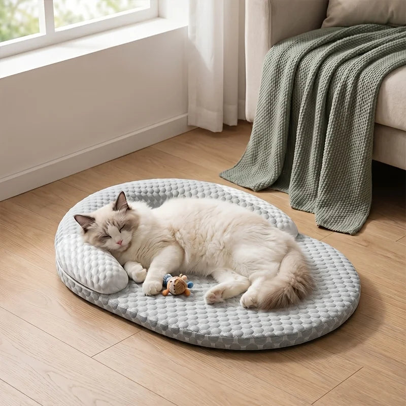 cooling cat bed with breathable round cushion and neck support for hot weather, water-washable pet mat