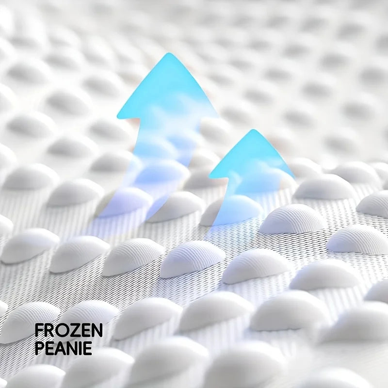 Cooling cat bed with breathable frozen-peanie surface and airflow arrows, round summer pet mat for hot weather comfort