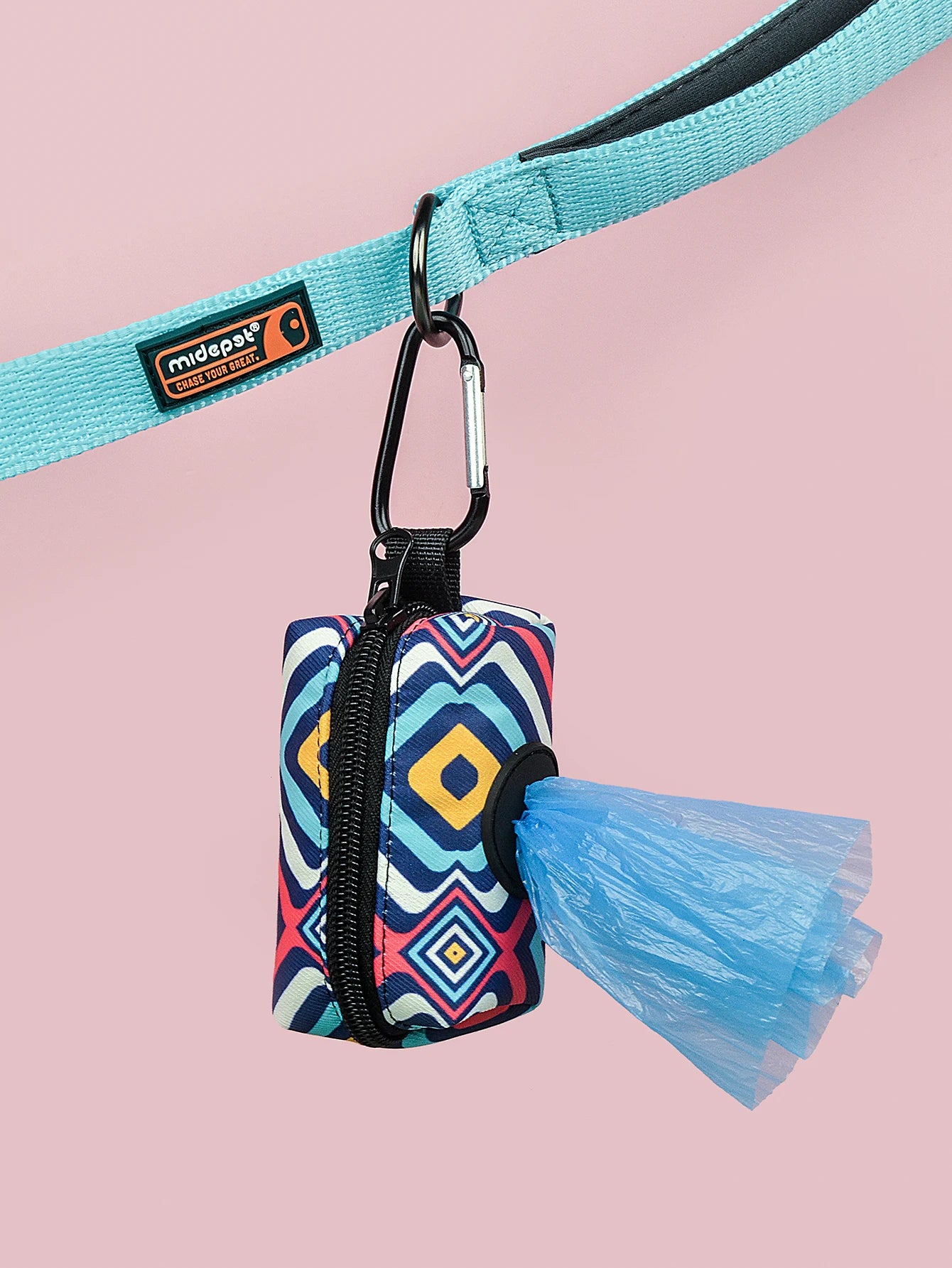 cute dog poop bag holder attached to a blue dog leash, colorful pet waste bag dispenser with zip closure