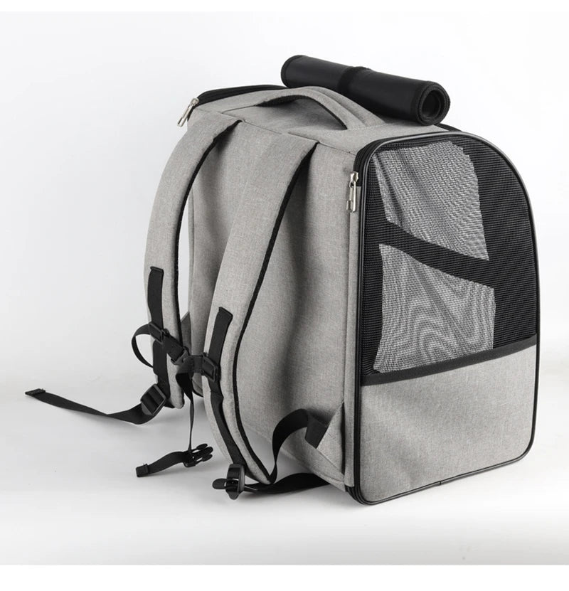 Grey breathable cat carrier backpack with mesh front, foldable design, and shoulder straps for small cats and dogs