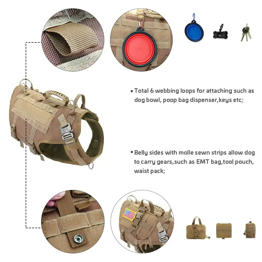 tactical dog harness with pouches for medium large dogs, padded no pull Molle vest for training and hiking