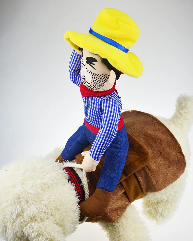 Funny cowboy dog costume saddle with plush rider on fluffy white dog