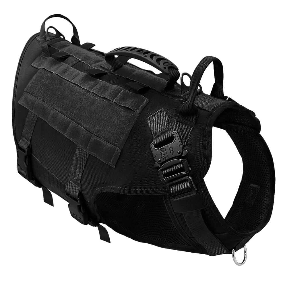 Black tactical dog harness with pouches, padded adjustable no pull vest for medium large dogs, water-resistant nylon