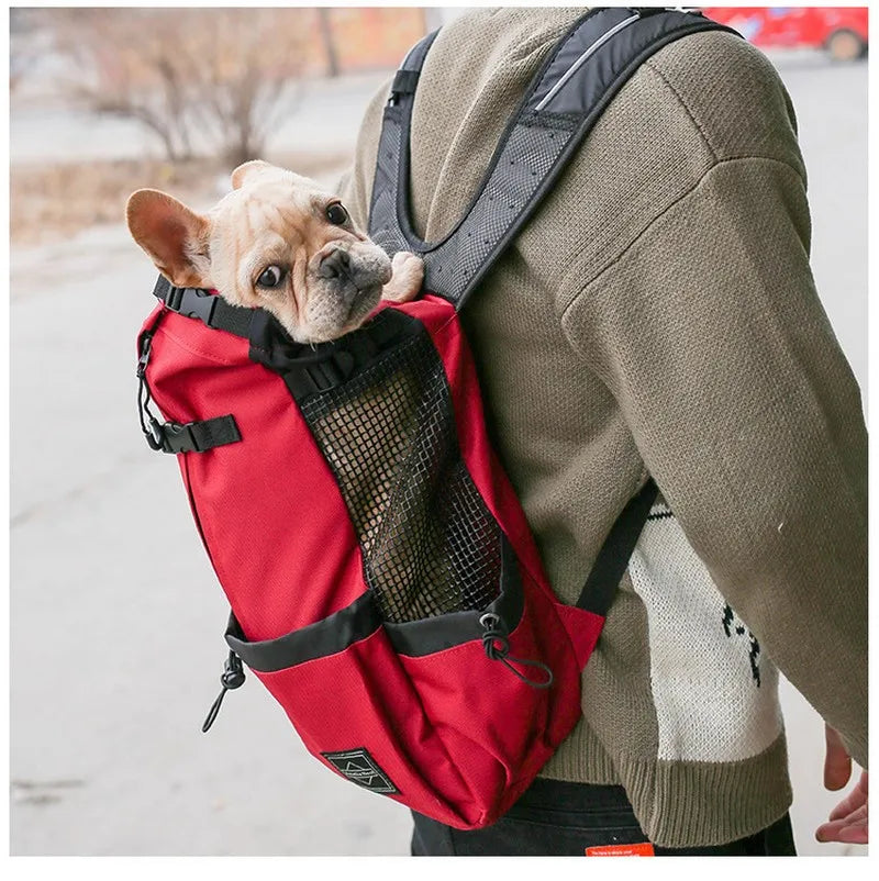 Breathable dog carrier backpack for hiking, travel, and biking, featuring mesh ventilation and secure pet transport