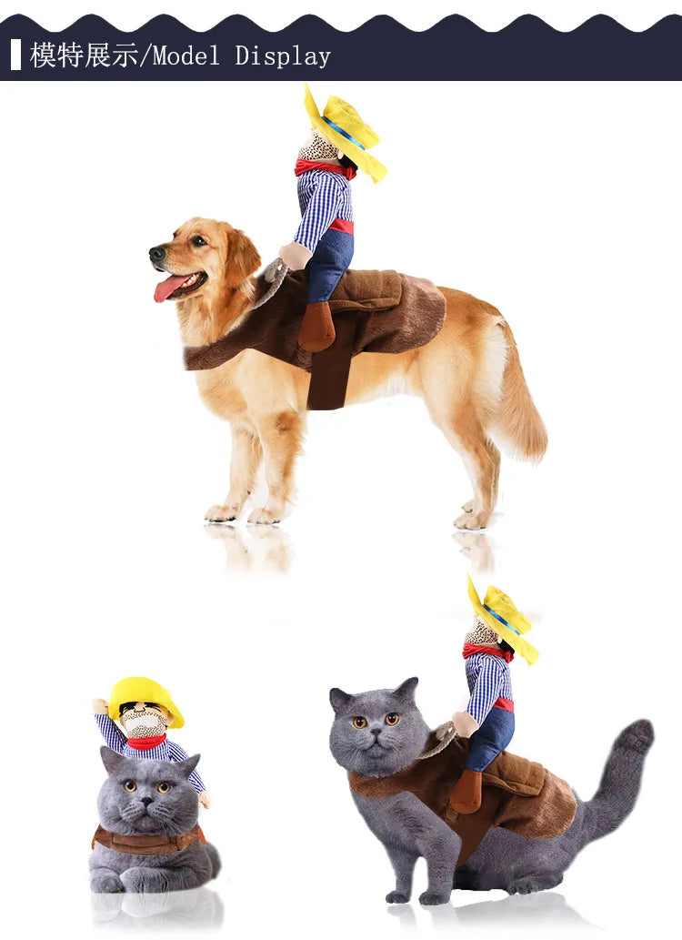 Dog and cat wearing cowboy rider pet costume with plush toy figure in western outfit.