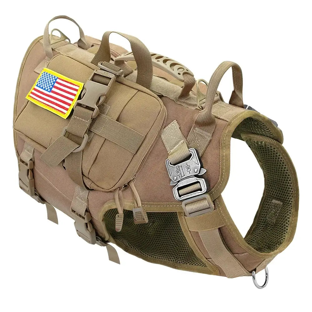 Khaki tactical dog harness with pouches, padded adjustable military no pull vest for medium large dogs