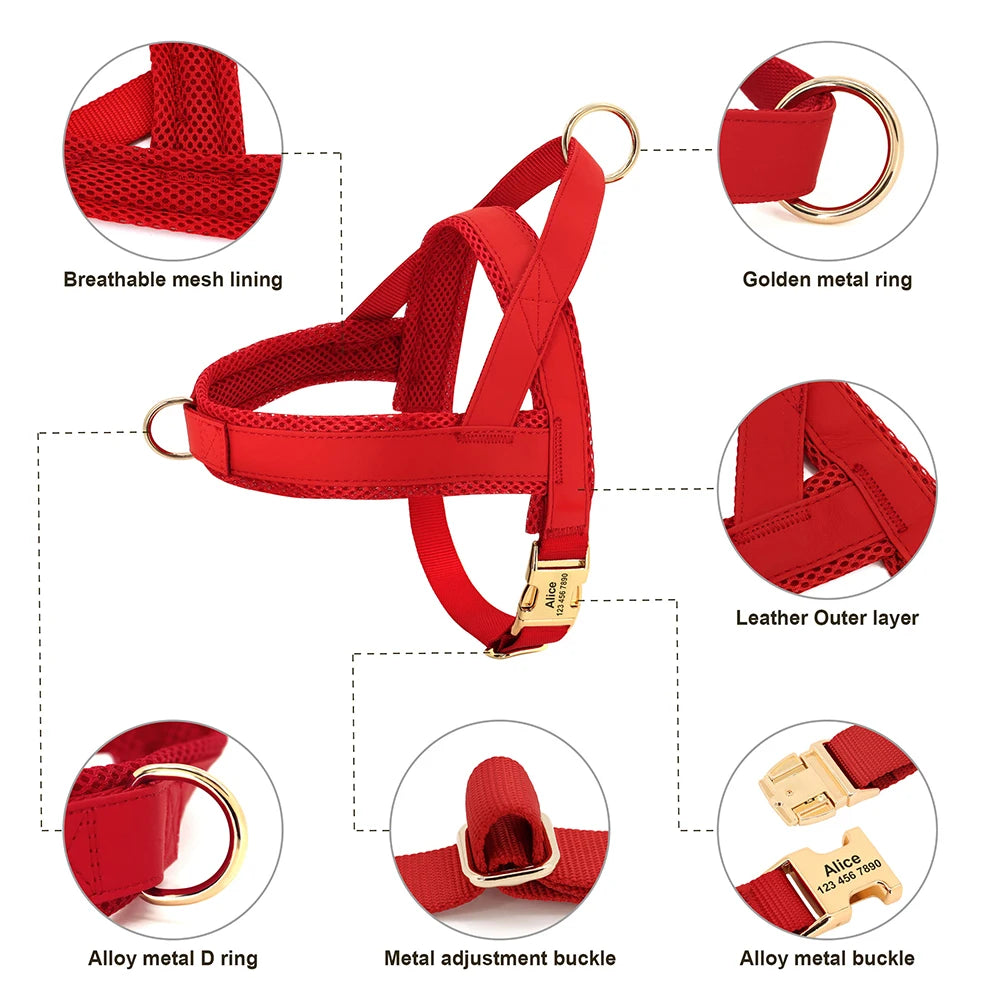 personalized no pull dog harness red adjustable vest with breathable mesh, metal rings, and free engraving for medium large dogs