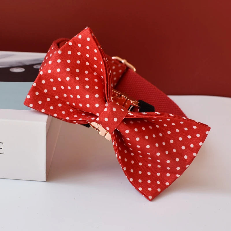 adjustable red bowtie dog collar with white polka dots, quick release buckle, stylish padded pet collar for small dogs and cats