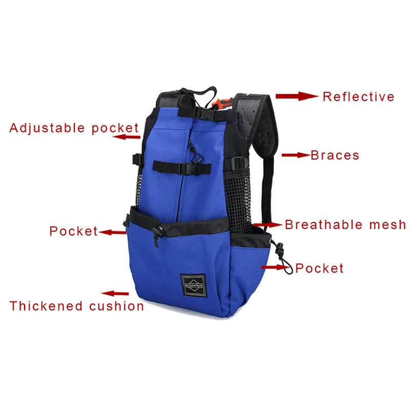 Blue breathable dog backpack carrier with reflective details, adjustable pockets, breathable mesh, and thickened cushion for small dogs
