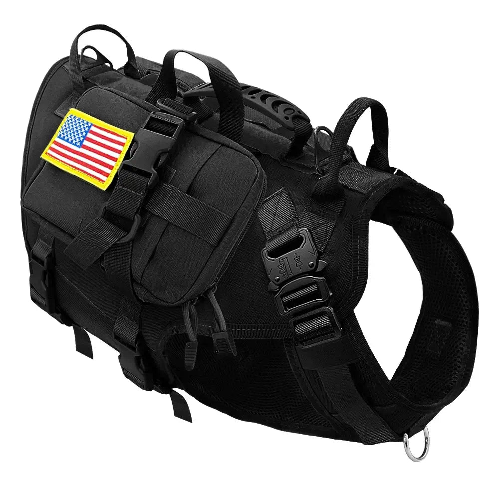 Black tactical dog harness with pouches, padded no-pull military vest for medium large dogs, adjustable, water-resistant