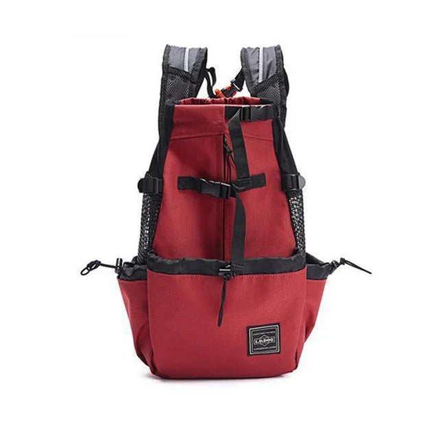 Red breathable dog carrier backpack with mesh ventilation, zipper closure, and straps for hiking, biking, and motorcycle travel