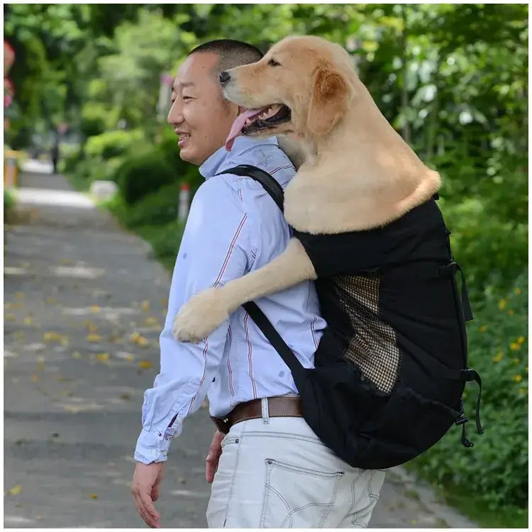 Hiking Pet Dog Carrier Backpack - Breathable Outdoor Travel Bag with a man carrying a Golden Retriever dog.