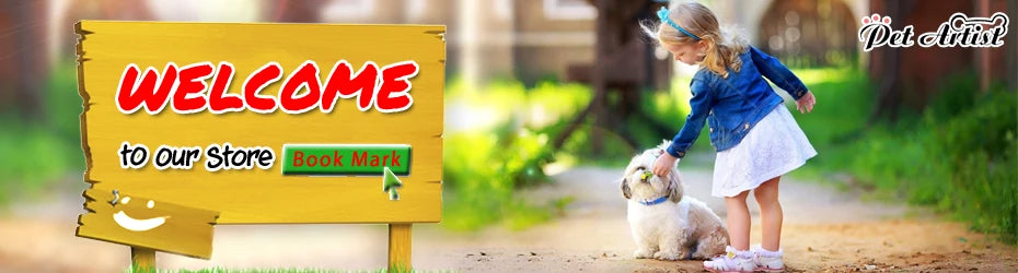 Welcome banner with child and dog beside a personalized nylon dog collar pet store sign, ideal for free engraving and adjustable fit