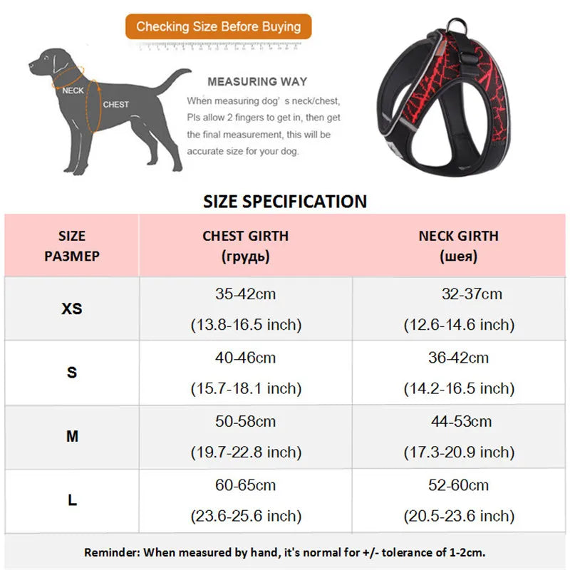 Dog Harness Reflective No Pull Choke Free Pet Harness for Small Medium Dogs size chart and measurement guide.