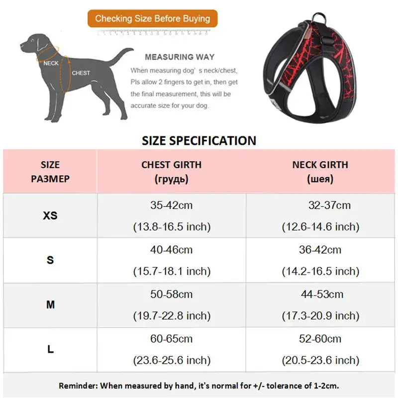 Dog Harness Reflective No Pull Choke Free Pet Harness for Small Medium Dogs size chart and measurement guide.
