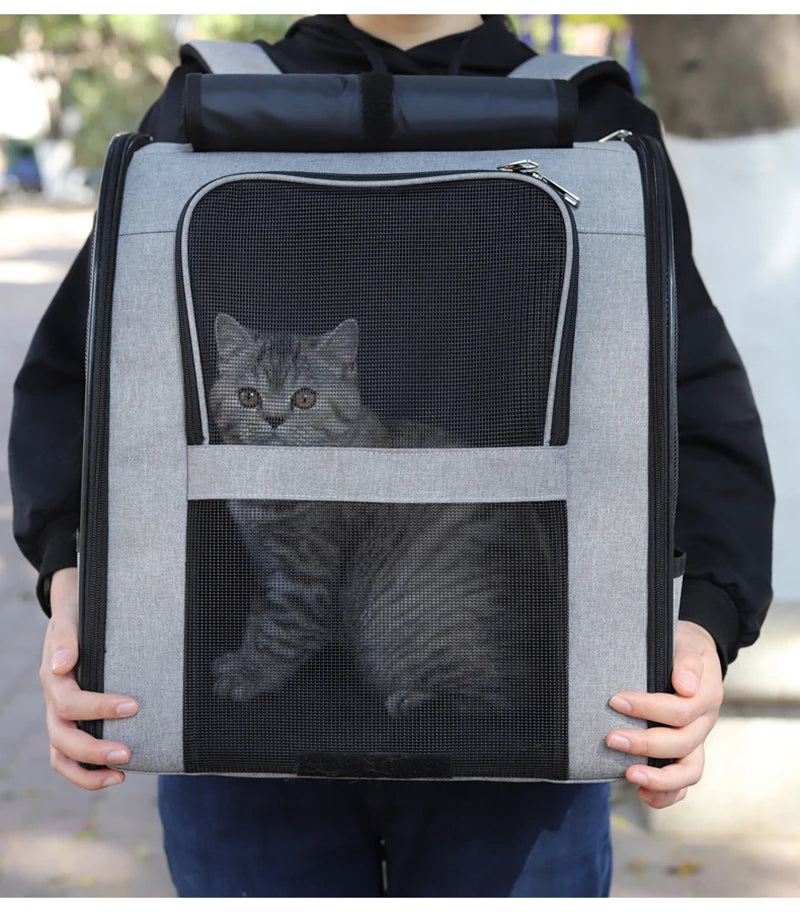 breathable cat carrier backpack gray foldable pet travel bag with mesh window for small cats and dogs