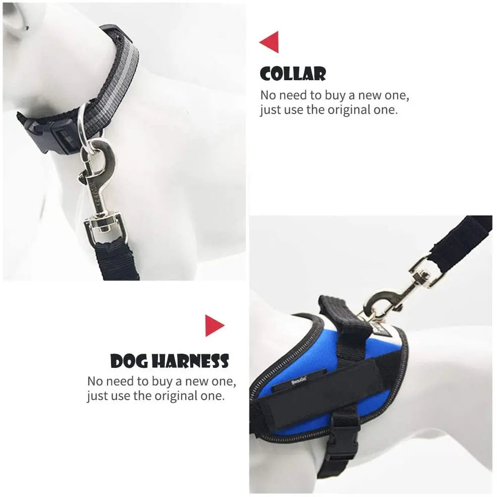 dog car seat belt attached to collar and harness for safe pet travel, adjustable nylon safety strap