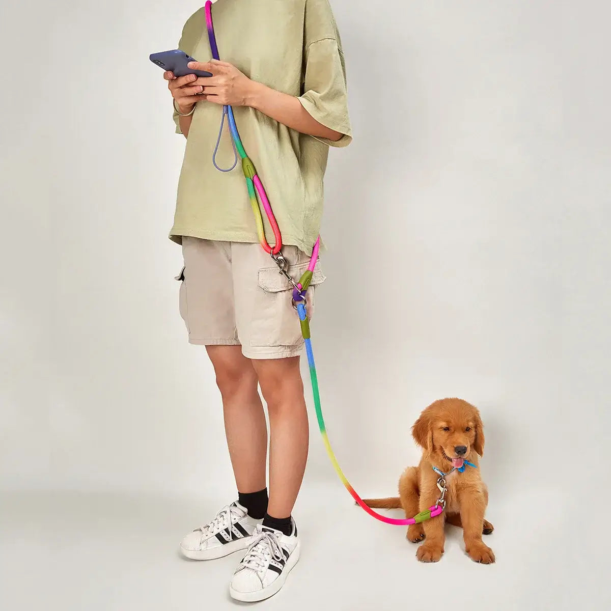 Reflective Pet Dog Nylon Leash Hands-Free Freedom for Hiking Walking Running Adjust Crossbody Bungee Leash with Shock Absorption shown in use.
