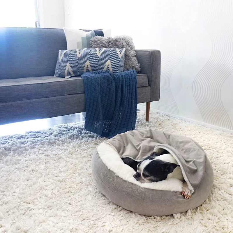 orthopedic waterproof dog bed with hooded blanket cozy round pet bed for warm winter sleep and comfort