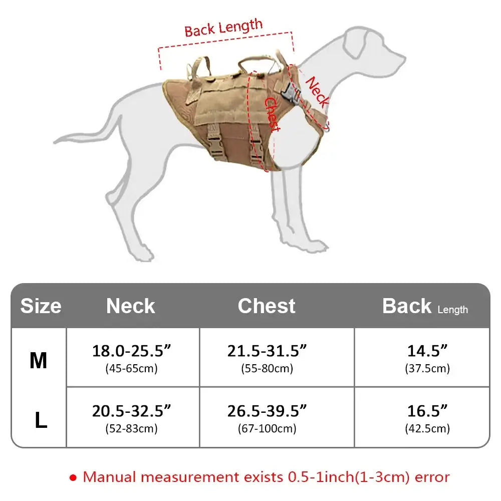 Tactical dog harness with pouches for medium and large dogs, adjustable padded military vest with size chart