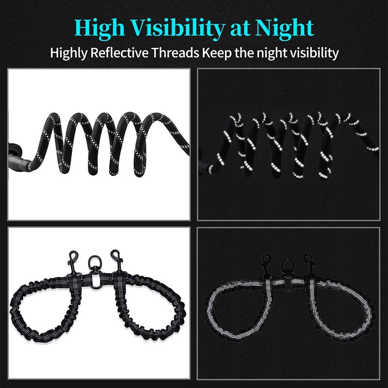 double dog leash coupler reflective nylon leash for walking two dogs, high visibility at night