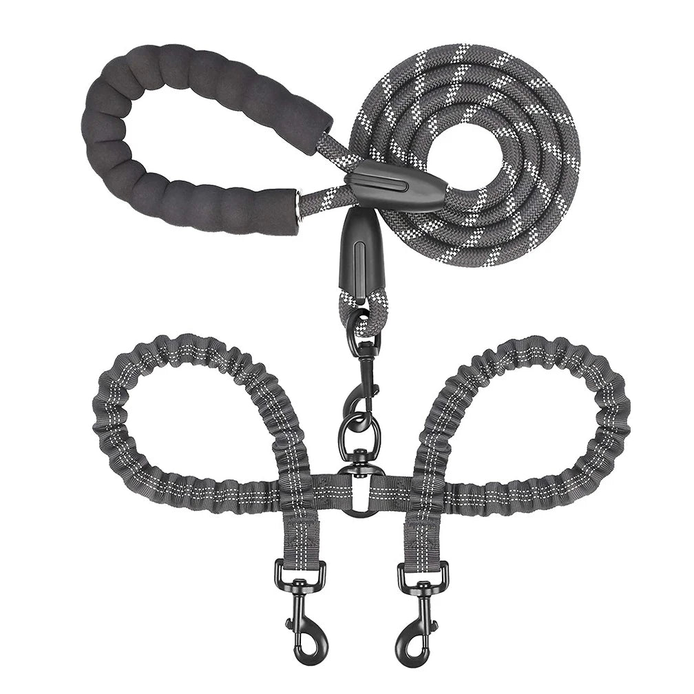 Double dog leash coupler for walking two dogs, nylon bungee twin leads with padded handle and poop bag clip