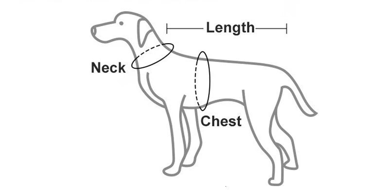 Reflective dog life jacket size guide showing neck, chest, and length measurements for a dog life vest