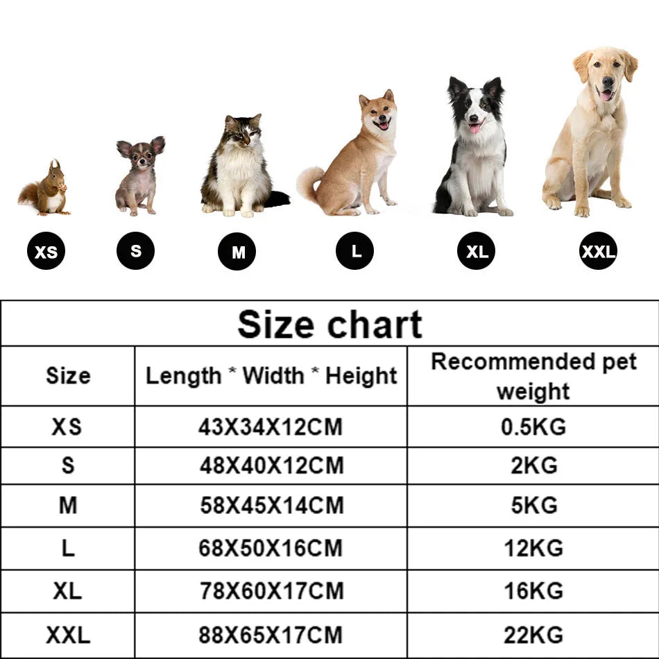 calming dog bed size chart for XS to XXL dogs and cats, showing dimensions and recommended pet weight