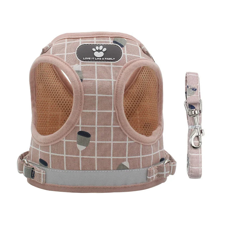 adjustable cat and small dog harness and leash set pink plaid breathable mesh vest, reflective, buckle, China Mainland