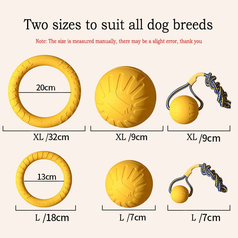 EVA durable dog toys chew-proof set showing different sizes and types: flying discs, balls, and tug ropes for all breeds.