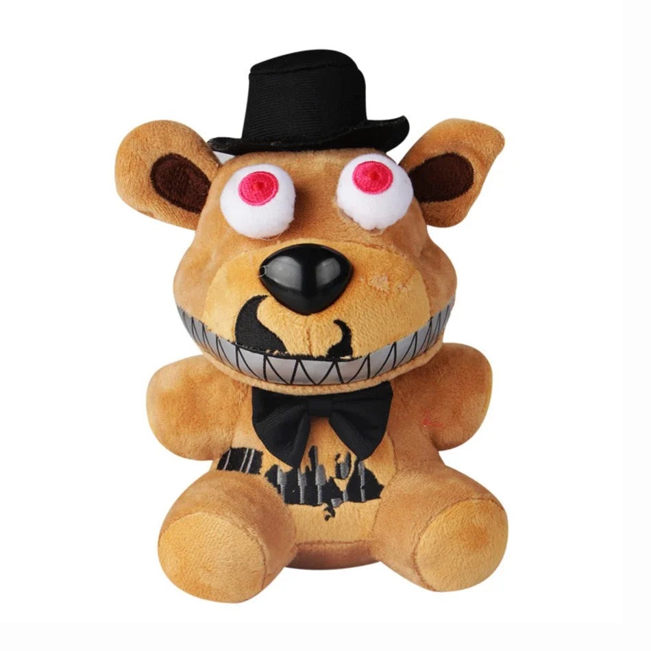 FNAF Freddy plush toy 18cm brown bear plush with black hat, PP cotton stuffed movie-inspired gift for kids