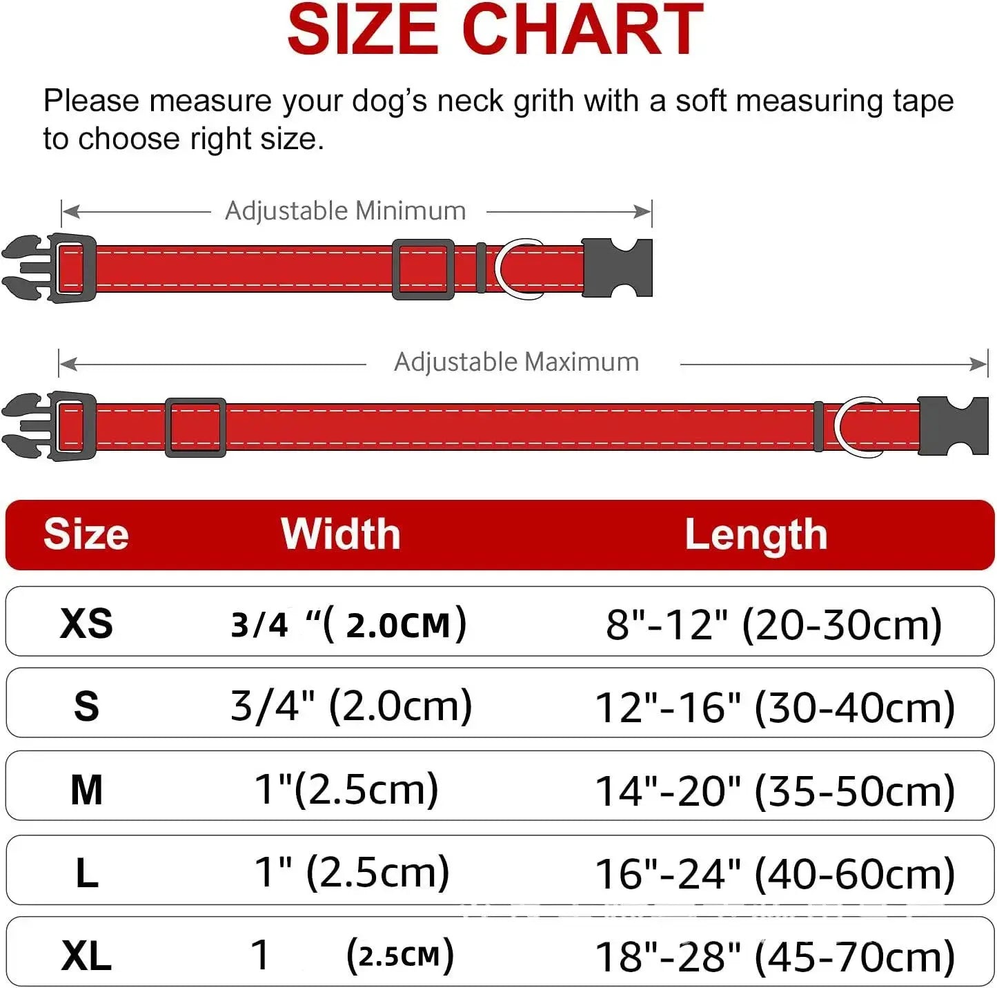 small dog choker collar size chart showing adjustable nylon collar lengths and widths for XS to XL dogs