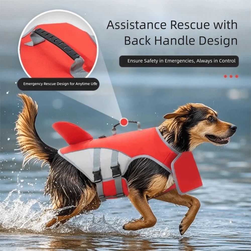 Dog life jacket with back traction handle, quick-release buckle, and adjustable strap for safe swimming and rescue