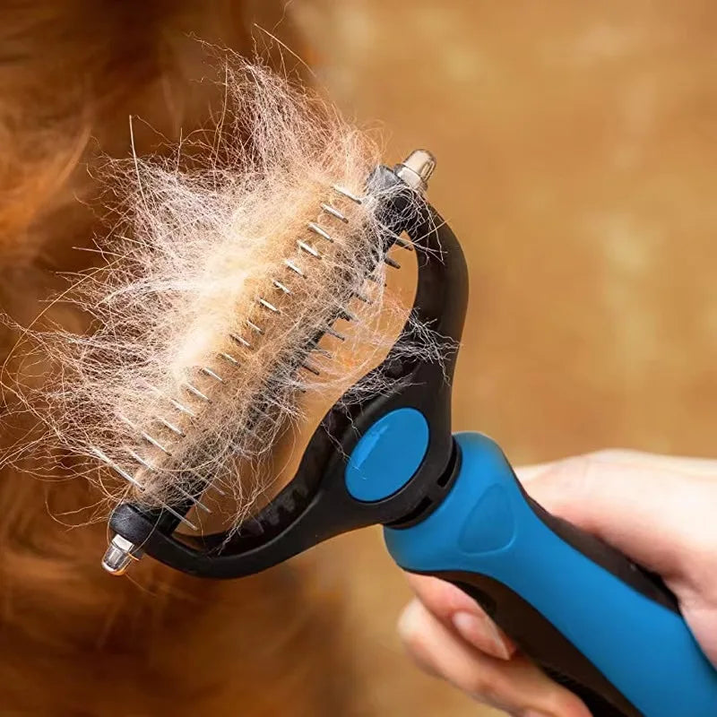 self cleaning pet deshedding brush removes loose cat and dog hair for easy grooming and de-matting