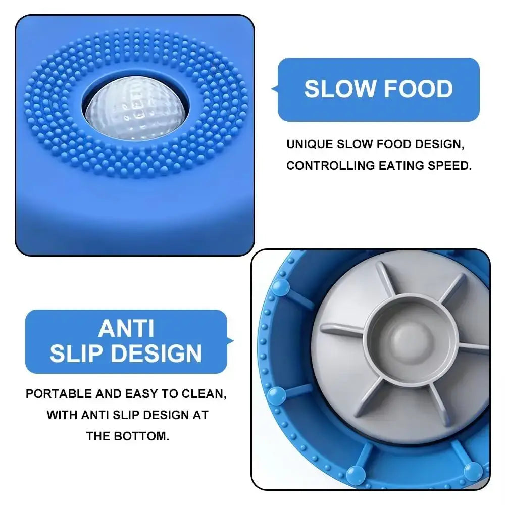 Blue slow feeder dog bowl with anti-slip design and slow food surface for healthy, controlled eating