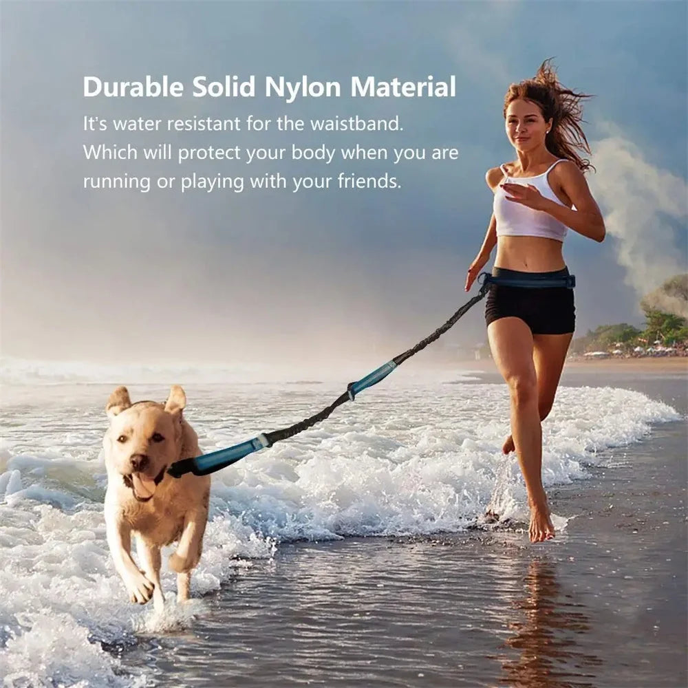 Hands Free Dog Leash for Pet Walking Running Retractable Elastic Belt Dog Traction Rope for Running Walking Pet Products with woman and dog.