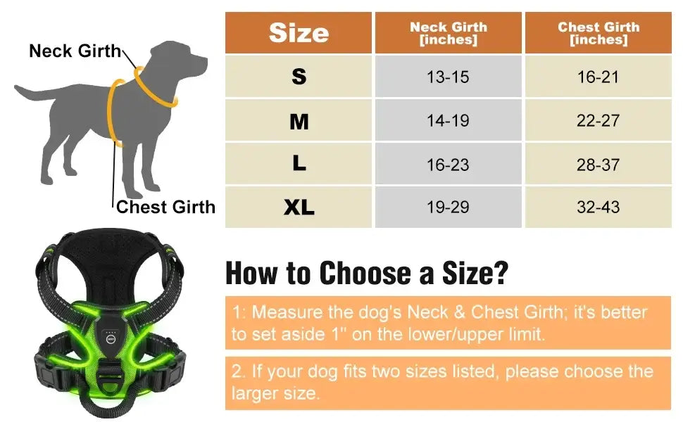 LED dog harness for night walking size chart with neck and chest girth guide for choosing the right fit