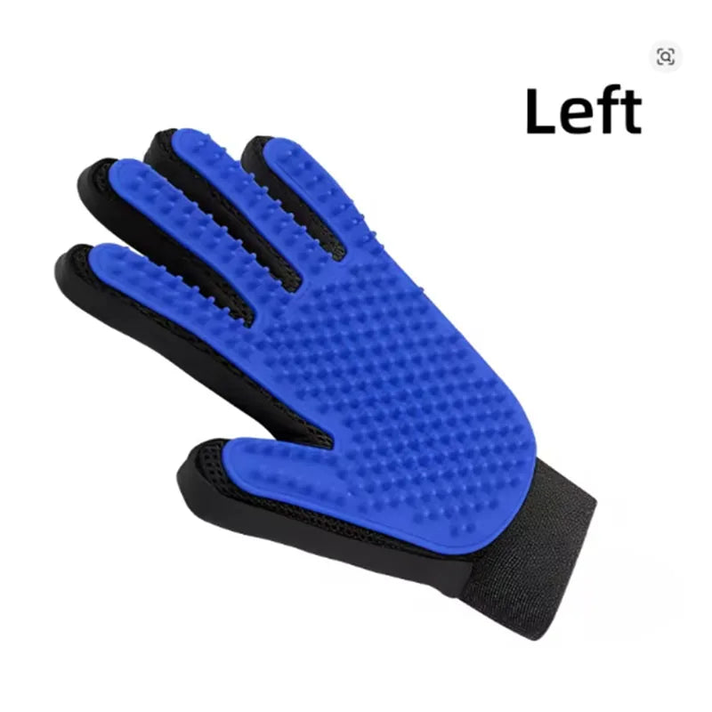 Blue left pet hair remover glove silicone deshedding grooming brush for dogs and cats, gentle massage glove