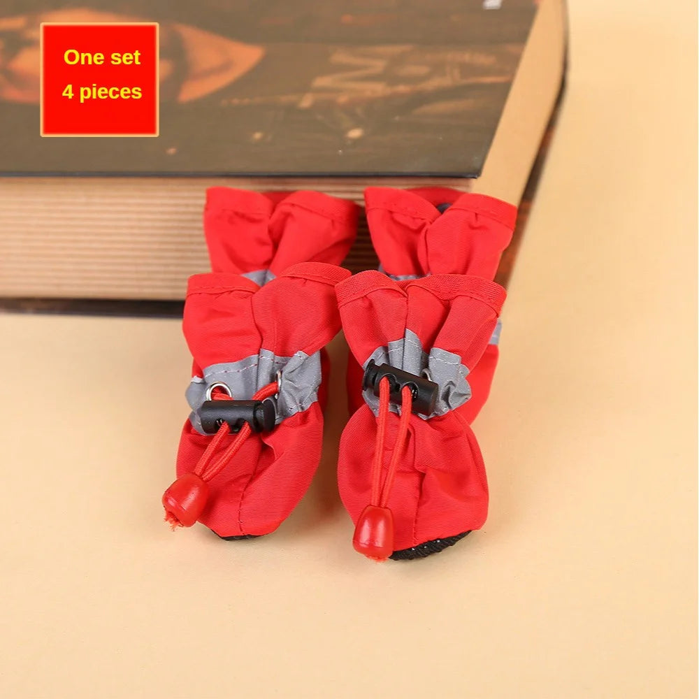 water-resistant dog shoes for small dogs, red PU canvas 4-piece set with rubber outsoles for outdoor rain protection