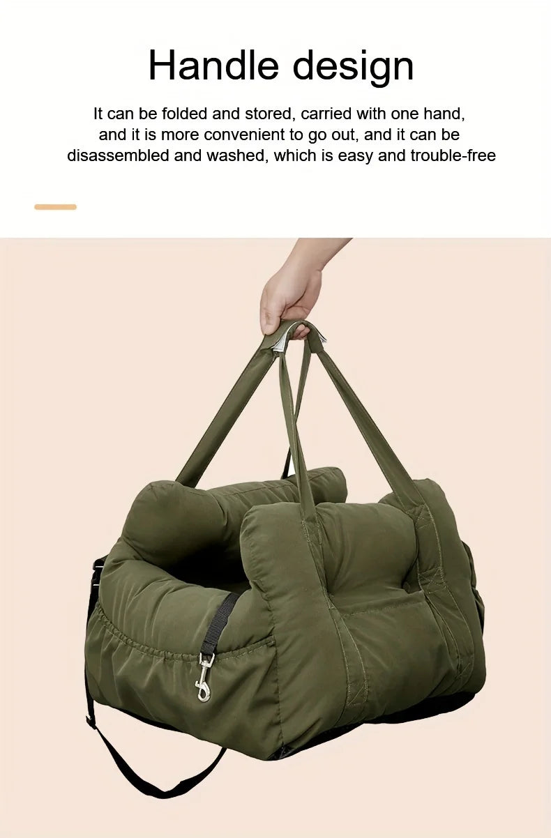 dog car seat with safety belt, portable green pet car bed with handle, non-slip washable travel carrier for small dogs