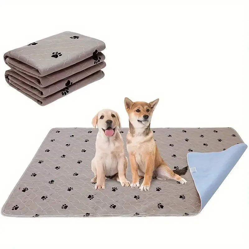 Two dogs sitting on a grey paw print waterproof dog mat with folded mats nearby